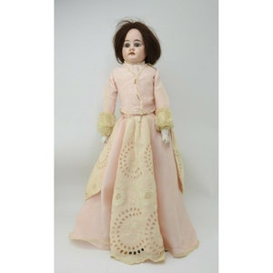 Antique Bisque Leather Doll 20&quot; 3200 DEP Brown Hair Victorian Pink Dress Vintage