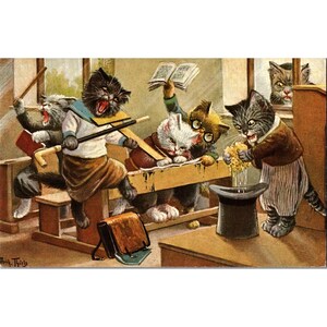 Cartão postal vintage de gato antropomórfico assinado por artista Thiele Cats School Fighting