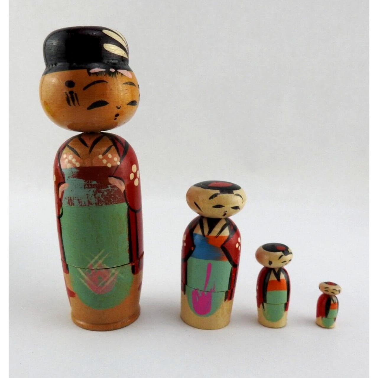 VTG Hand Painted Japanese Wooden Kokeshi Nesting Doll Bobble Head