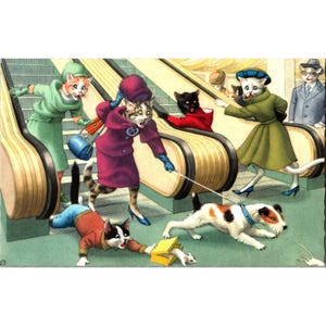 Postal vintage de gato: gatos antropomórficos vestidos de mujeres paseando perros y ratones