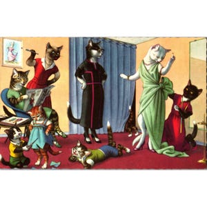 Vintage Katzen Postkarte Anthropomorphe Katzen, gekleidet als Frauen Mode Kätzchen Kinder