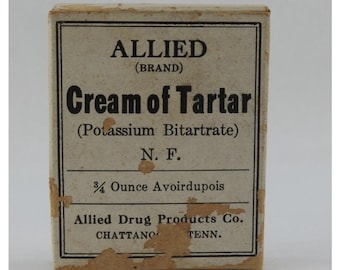 Scatola vintage di cremor tartaro Allied, pubblicità di farmacia e prodotti da forno a Chattanooga, Tennessee.
