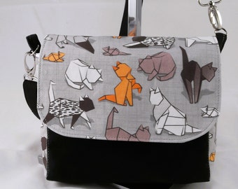 Monedero bandolera con diseño de gato gatito origami, bolso para celular, bolso de tela.