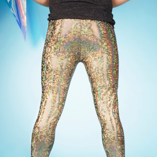 HOLOGRAPHIC GOLD MEGGINGS (Dark Gold, Sparkly Men's Leggings - Handmade)