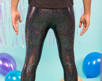 MEGGINGS NOIR HOLOGRAPHIQUE (Leggings scintillants pour hommes - Fait main)