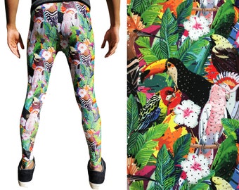 Patchwork Tropical Toucan Print Men's Leggings