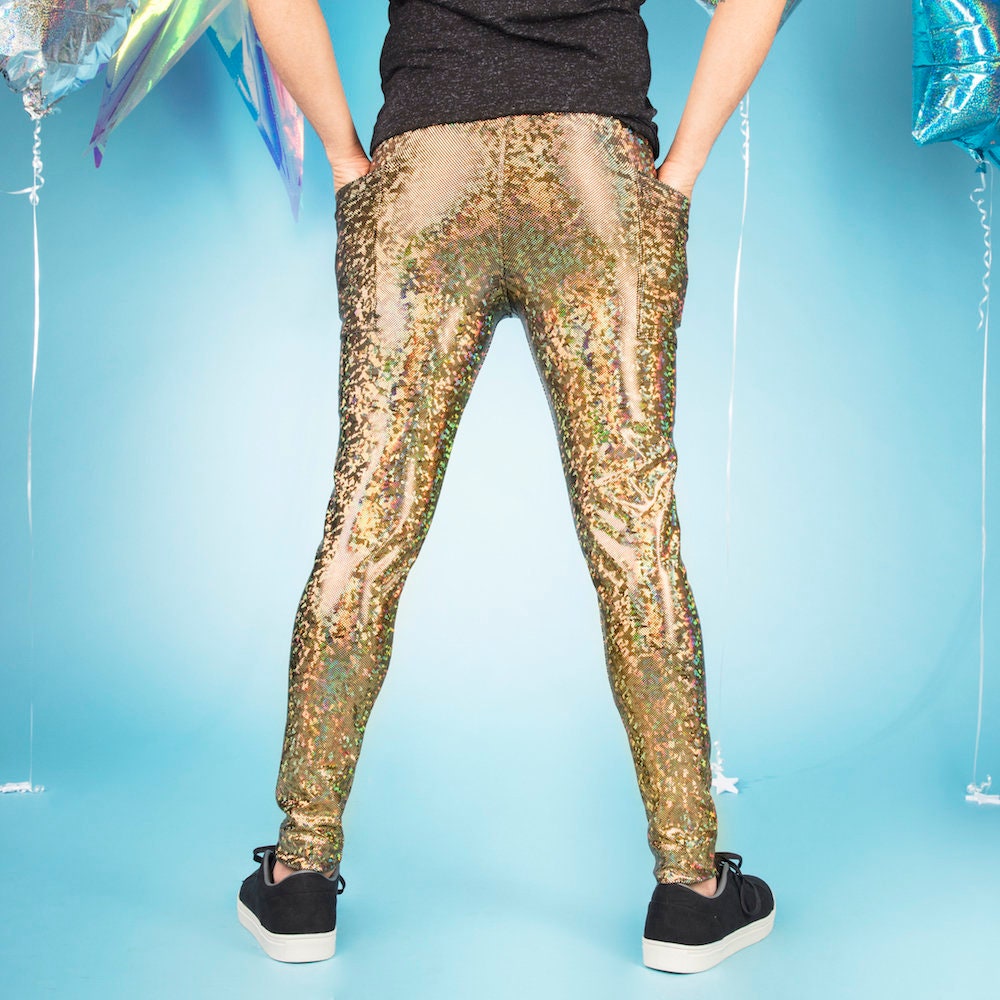 Image of Holographic Meggings With Pockets/Gold Men's Festival Leggings - Handmade