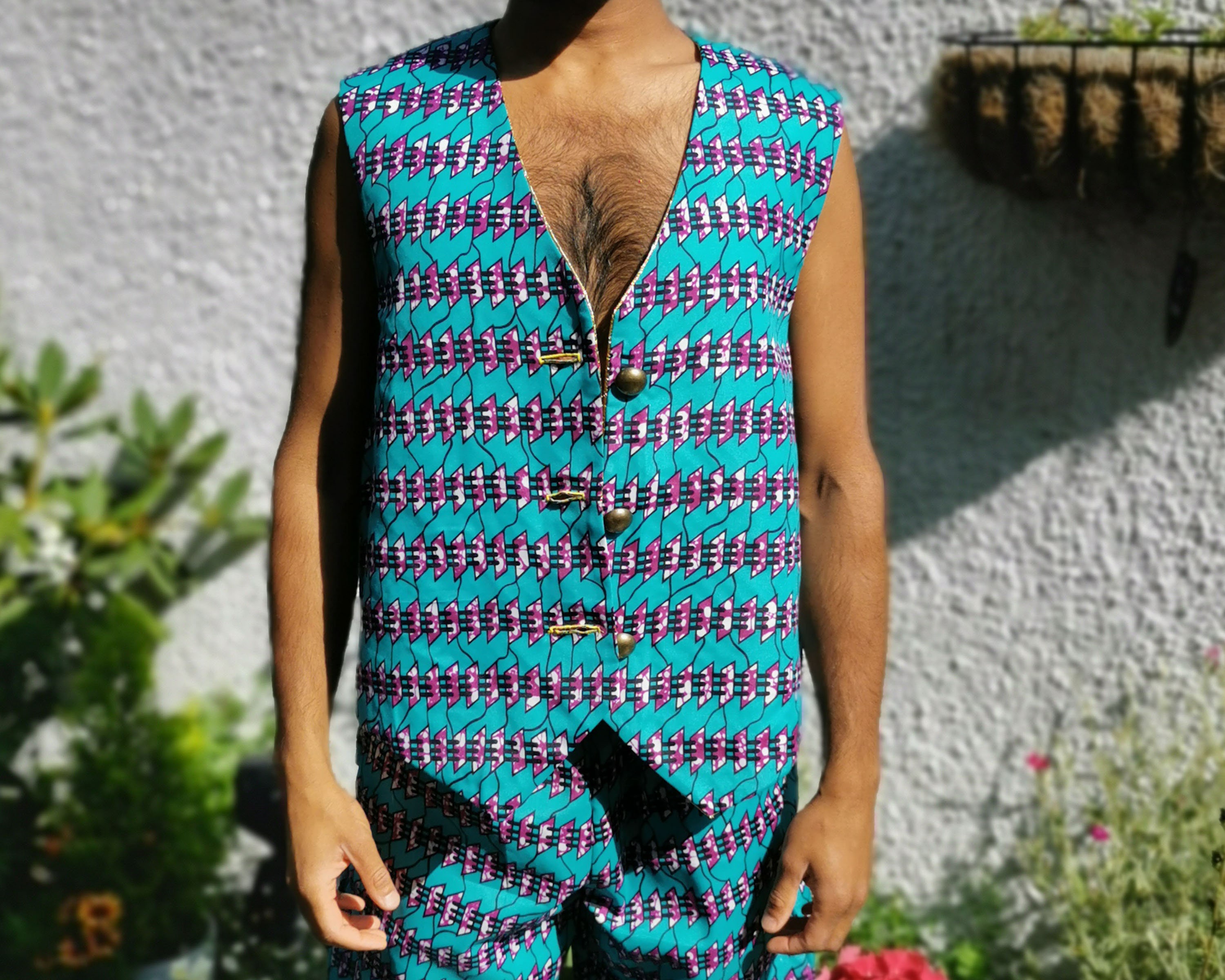Image of Turquoise Reversible Waistcoat | Patterned With Gold Reverse
