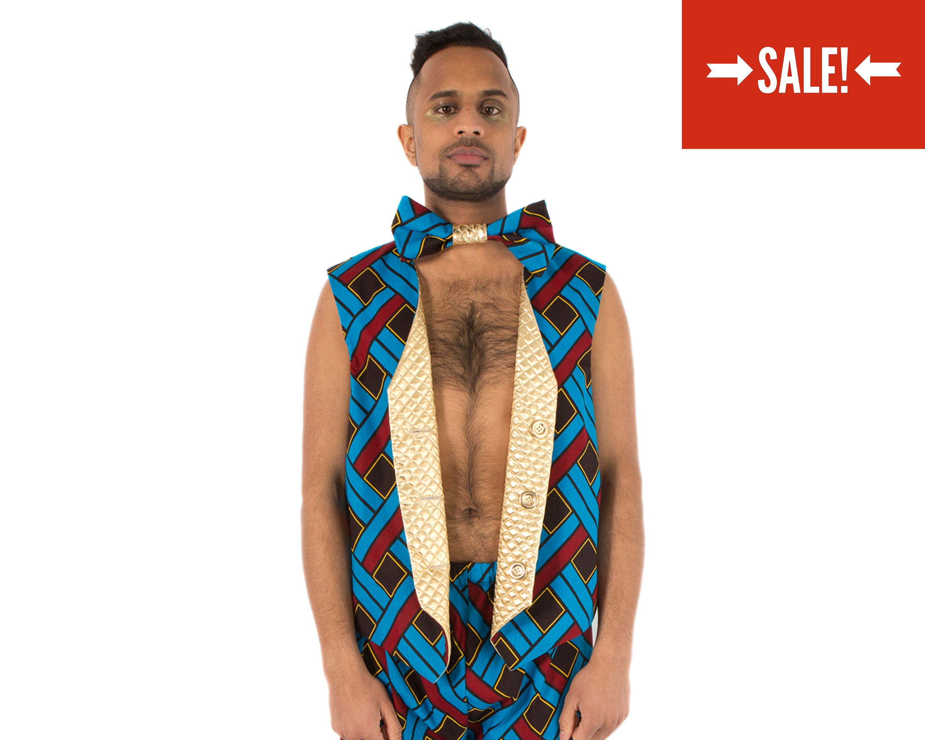 Image of Reversible Waistcoat - Blue & Red Weave/Metallic Gold Festival Vest