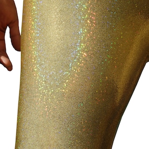 May include: Gold leggings with a shimmery, iridescent finish. The fabric has a textured, almost scaly appearance.