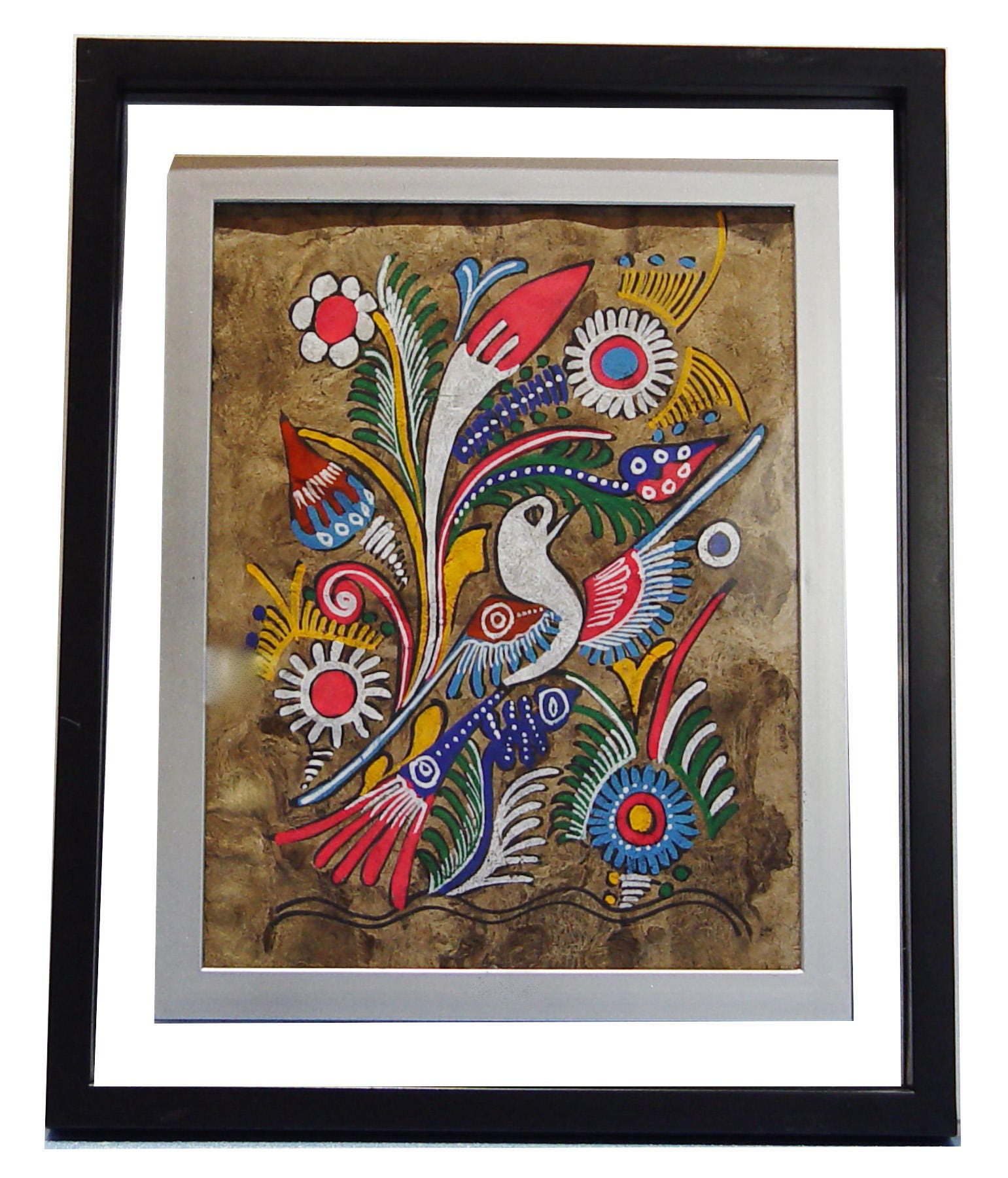 Vintage 15 X 12 Mexican Folk Art On Amate Bark New See Thru Glass Vintage 15 X 12 Mexican Folk Art On Amate Bark New See Thru Glass Frame Vgc