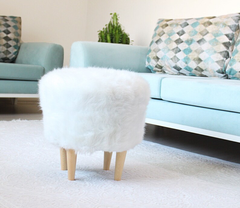 Faux fur pouf ottoman white colour round pouf detachable legs Etsy
