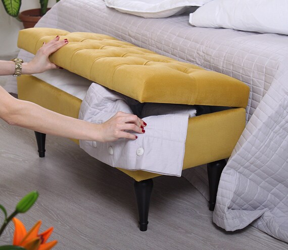 Yellow Color Storage Bench Four Detachable Legs Tufted Design Etsy
