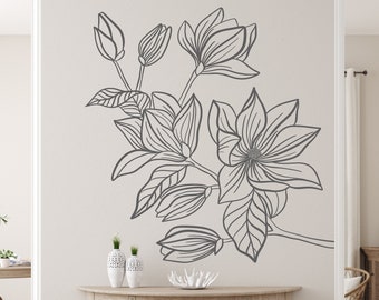 Magnolia Flowers Wall Decal, Flower Tree Wall Decal, Floral Wall Décor, Vinyl Line Art Décor,  Floral Gold Decal, Branch Wall Decal