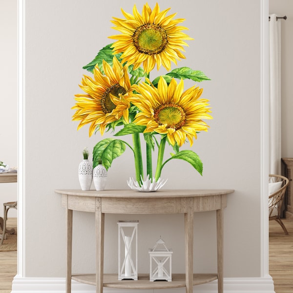 Sunflower Decal Watercolor Wall Decal Large Vinyl Décor Sticker Floral Décor Hand Drawn Realistic Organic Illustration