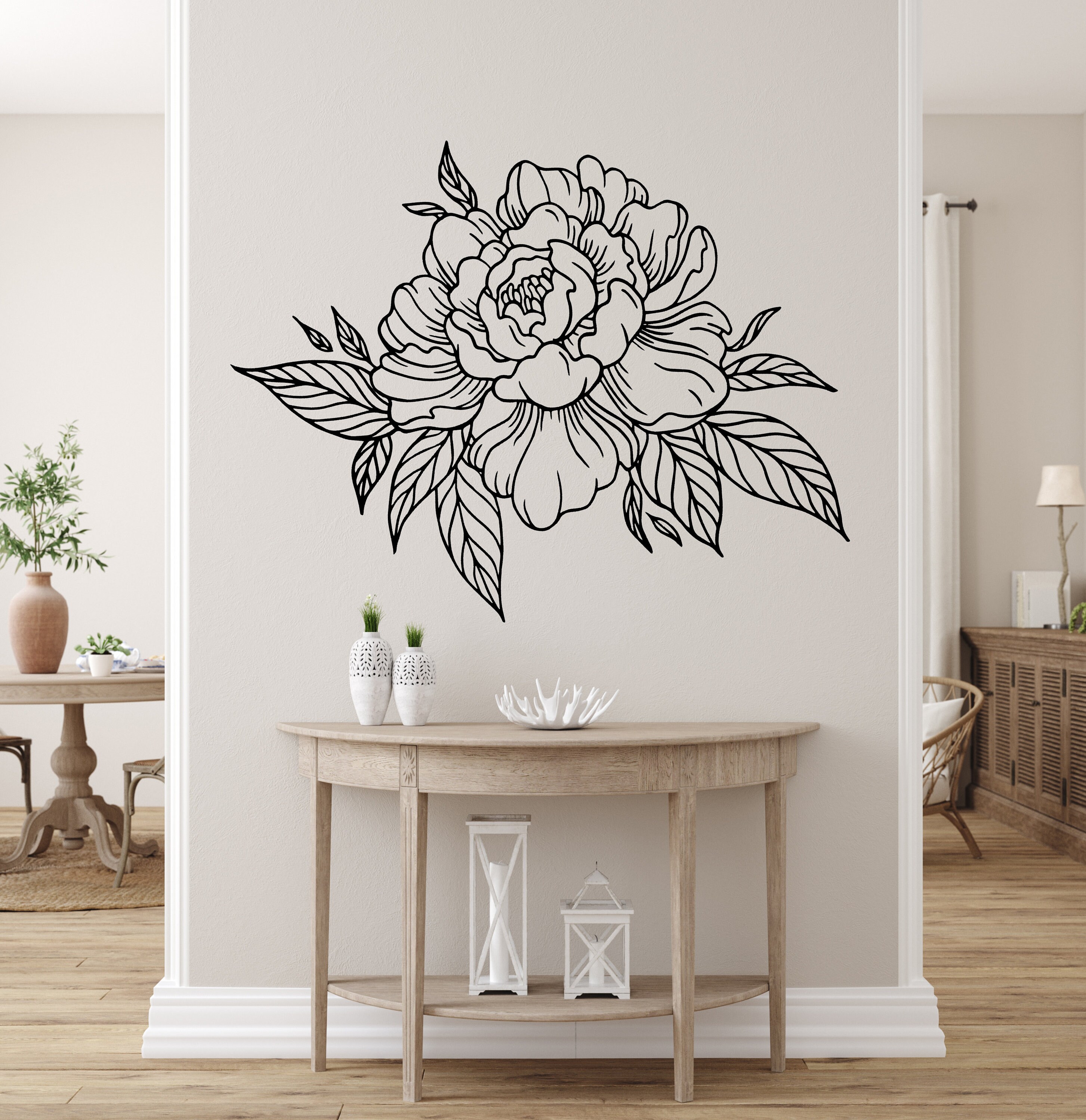 Peony Flower Wall Decal, Line Art Décor, Floral Wall Decal, Living Room ...