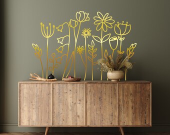 Wildflower Wall Decal ,Floral Wall Decal, Hand Drawn Decal, Large Wall Decal, Line Art Decal, Nursery Wall Decals, Kids Room Sticker, Meadow