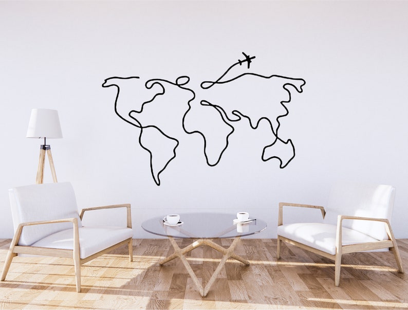 World Map Large Wall Decal Abstract Line Art Travel Wanderlust