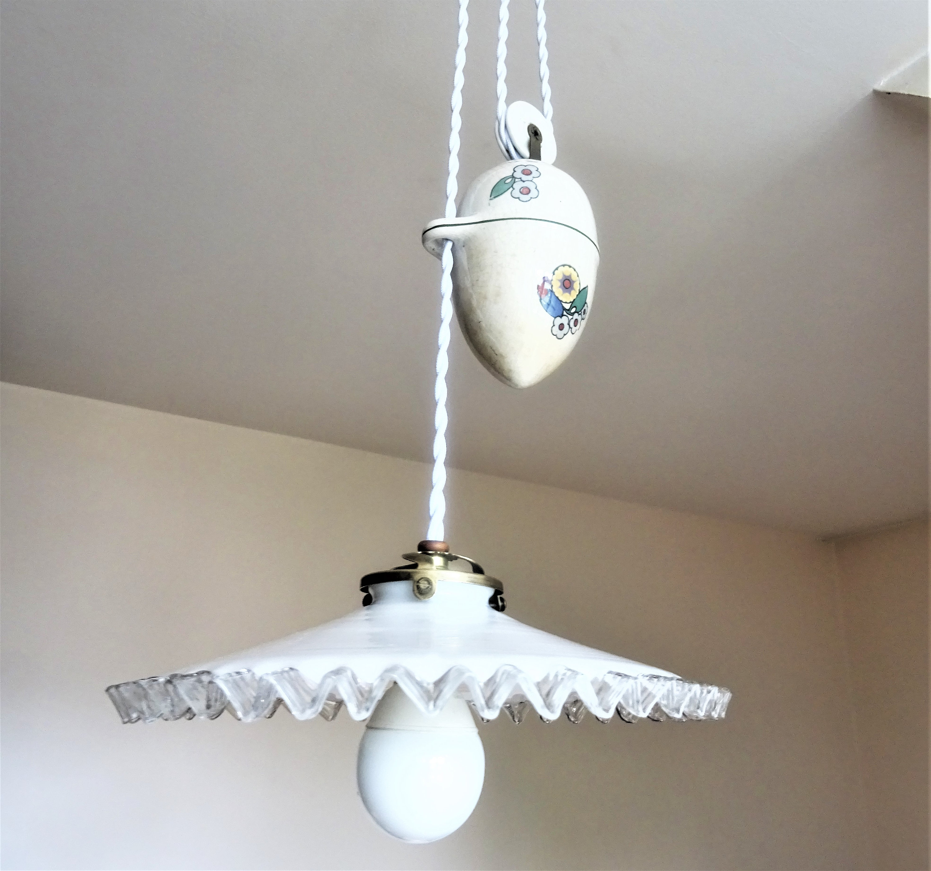 Lampe Plafond Monte et Baisse(Up & Down à Contrepoids en Porcelaine-Suspension Opaline 1930S-Economi