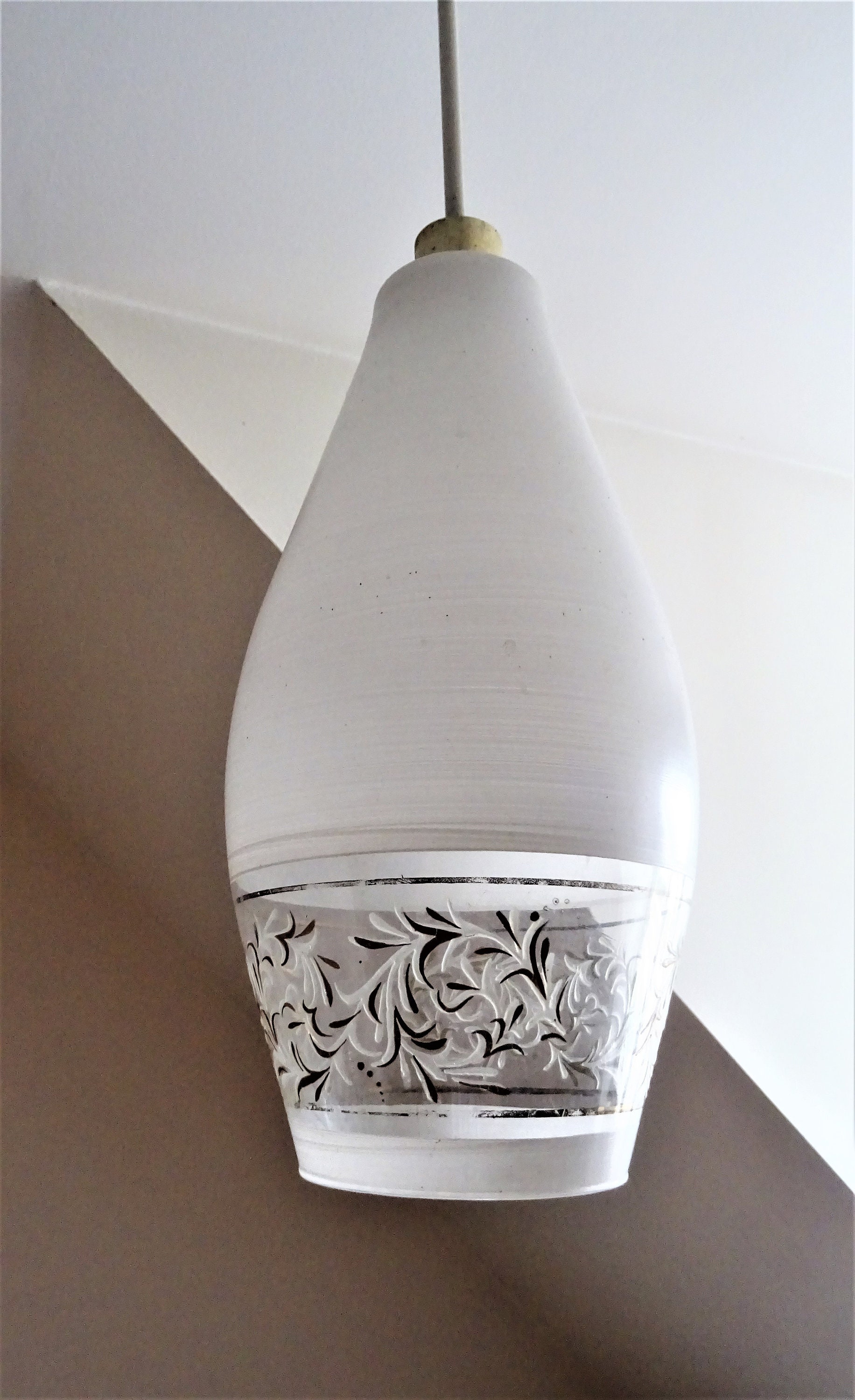 Lumière Ombre 1960 en Fuseau de Verre Satiné Décor Plantes-Suspension