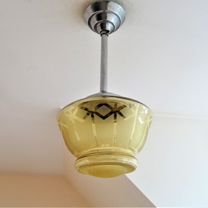 Suspension 1940s chrome frame and amber globe -Fine art deco luminaire
