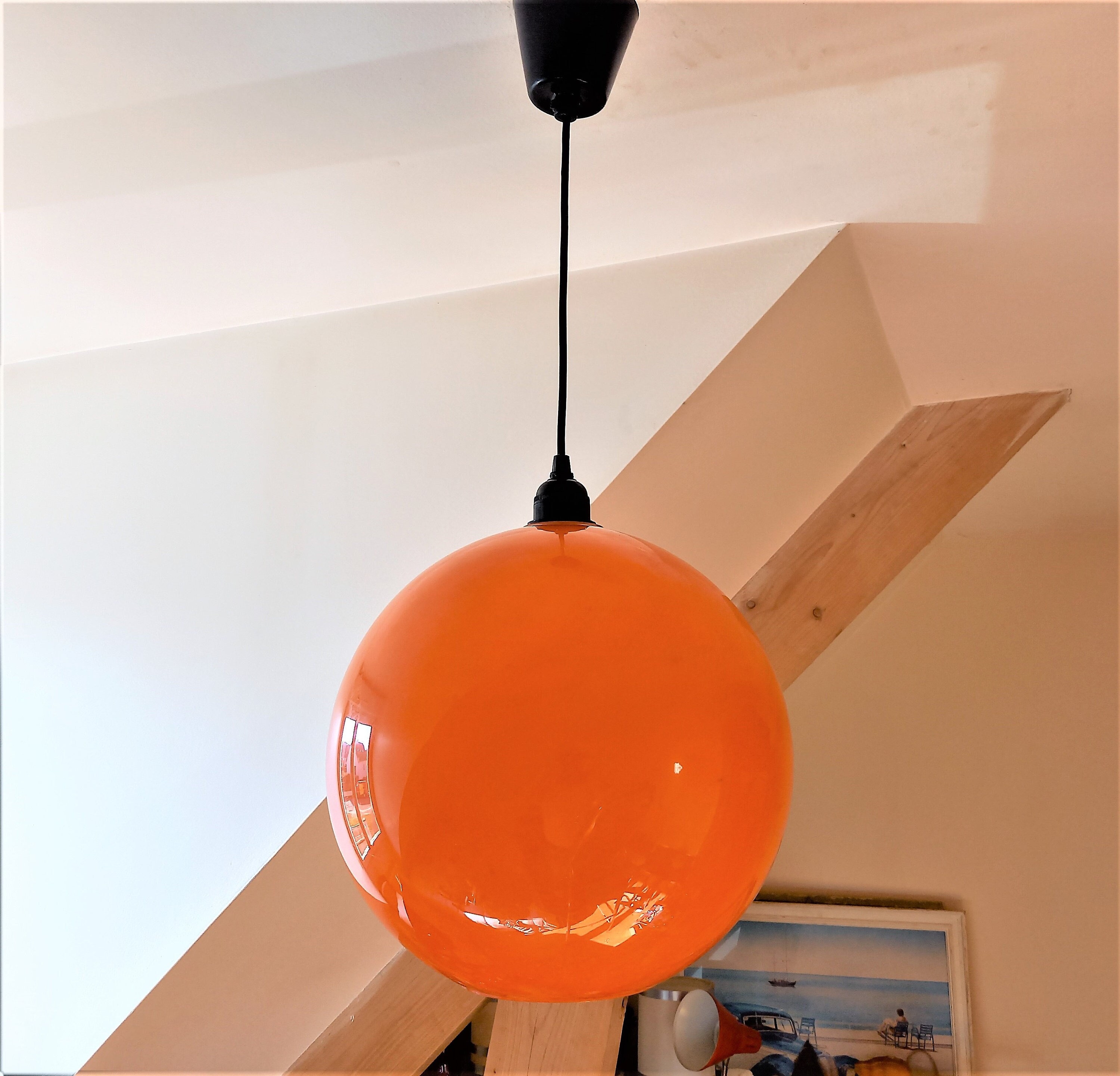 Suspension 1970 Grosse Boule Orange d'époque-Diamètre 30 cm