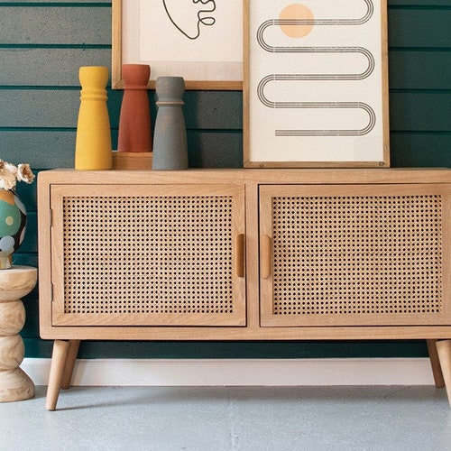 Wooden TV With Woven Cane Doors Etsy