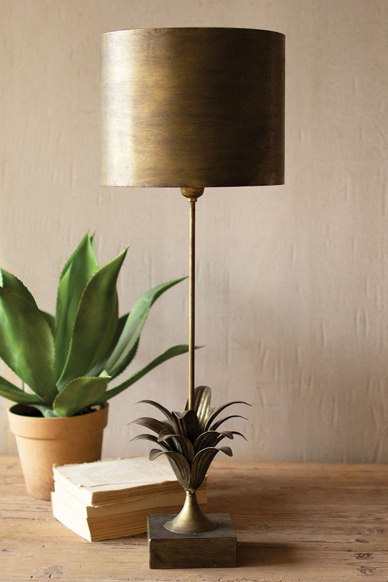 Farmhouse Metal Table Lamp With a Golden Finish and Leaf Etsy