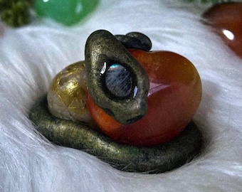 Snake Moon Sculpture, Carnelian + Moonstone Serpent Figurine, Crystal Snake Sculpture