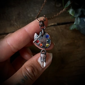 Art Palette Crystal Necklace, Quartz Artist Palette Pendant, Clear Quartz Jewelry, Artist Paint Palette, Copper Electroformed Jewelry