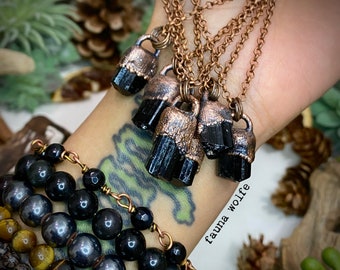 Zwarte toermalijn koperen ketting, zwarte toermalijn ketting, koper elektroformed sieraden, koper elektroformed ketting