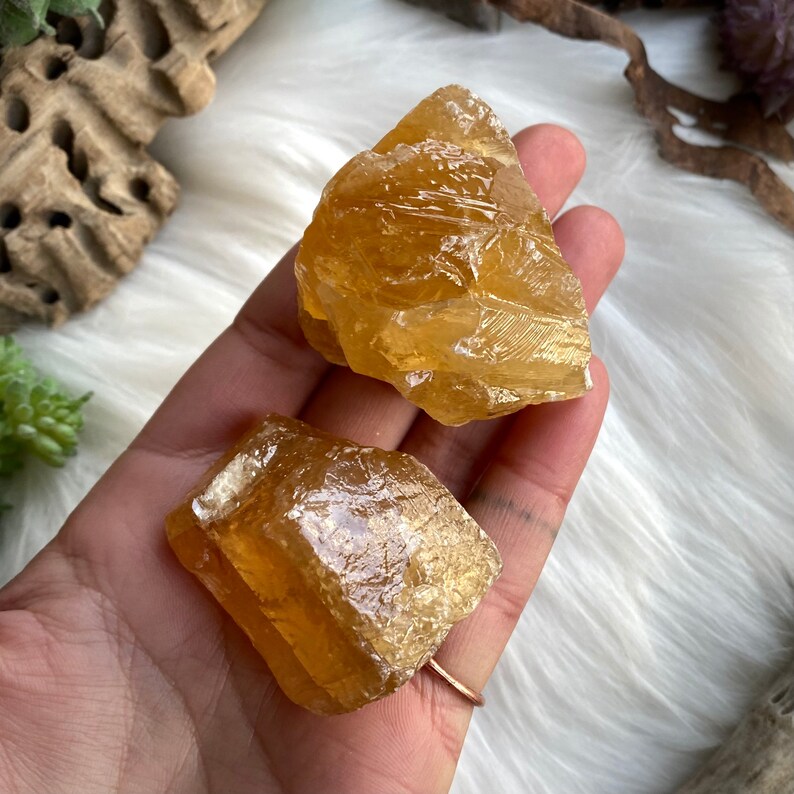 Honey Calcite Set of 2, Honey Calcite Stones, Raw Honey Calcite, Calcite Crystals, Crystal Gift Set image 1