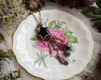 Wens ster charme ketting, zwarte obsidiaan charme ketting, koper elektroformed sieraden, koper elektroformed hanger, hemelse vibes