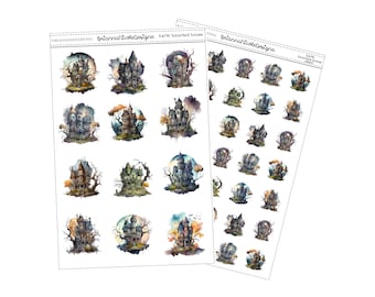 May include: A sheet of stickers featuring watercolour illustrations of haunted houses. The stickers are arranged in a grid pattern and are perfect for adding a spooky touch to your planner, journal, or scrapbook.