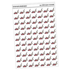 May include: Sheet of stickers featuring numerous red lawn mower illustrations with beige handles and bags. The sheet has the text "ss 236 lawn mower" and the brand name "briannicoledesignz" printed on it.