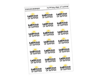 Può includere: Un foglio di adesivi con la scritta "LAZY days OF SUMMER" in corsivo nero, ognuno con un sole giallo. Gli adesivi sono disposti in righe e colonne su sfondo bianco. Il marchio "briannanicoledesignz" è in alto.