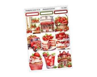 May include: A set of 9 digital planner stickers featuring a red truck, strawberry cakes, cupcakes, and a red house with strawberries. The stickers are perfect for adding a touch of sweetness to your planner.