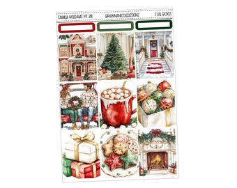 May include: A set of Christmas-themed planner stickers featuring a red brick house with a green door, a couple in a car, a mug of hot chocolate with marshmallows, a pile of Christmas ornaments, a gift box with a gold ribbon, a plate of Christmas cookies, and a fireplace with a fire.