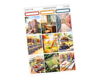 May include: A set of nine watercolor stickers featuring school scenes. The stickers include a school building, a classroom, a hallway with lockers, a school bus, a playground, a lunchbox, a field, and a desk with pencils and a ruler. The stickers are perfect for adding a touch of whimsy to your planner, journal, or scrapbook.