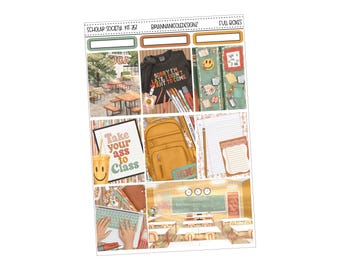 May include: A planner sticker sheet with a school theme. The sheet includes images of a classroom, a backpack, a shirt with text, a smiley face cup, and other school supplies. The text on the shirt says, "Sorry I'm late I didn't want to come."