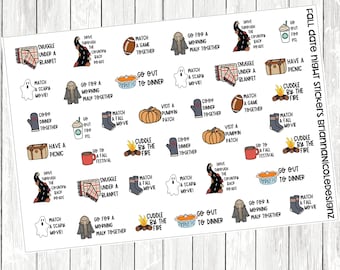 May include: A set of 24 fall date night themed stickers featuring various activities such as watching a scary movie, cuddling by the fire, going for a morning walk, and visiting a pumpkin patch. The stickers are illustrated in a cute cartoon style with fall colors and designs.