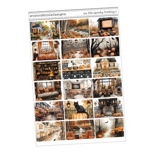 May include: A sheet of stickers with watercolor illustrations of Halloween scenes. The scenes include houses, pumpkins, and a black cat. The text "BriannaNicoleDesignz" and "ha 392 spooky flatlay 1" are visible.