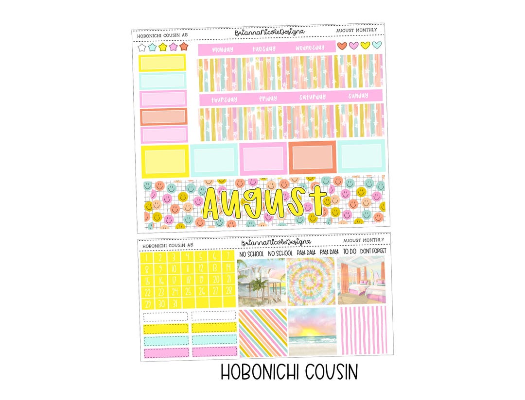 August Monthly A5 Hobonichi Cousin Kit | Hobonichi Cousin Stickers - Etsy