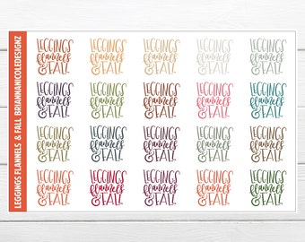 May include: A sheet of 20 stickers with the text "leggings flannels & fall" in various fall colors. The stickers are arranged in four rows of five stickers each.
