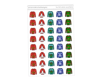 May include: A sheet of 355 Christmas sweater stickers. The stickers feature a variety of designs, including red sweaters with candy canes, green sweaters with wreaths, blue sweaters with snowflakes, and green sweaters with elves.