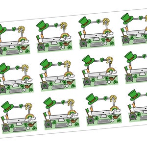 May include: Nine digital stickers featuring a computer monitor with a shamrock, rainbow, horseshoe, and pot of gold. The stickers are perfect for adding a touch of Irish charm to your laptop, planner, or other surfaces.