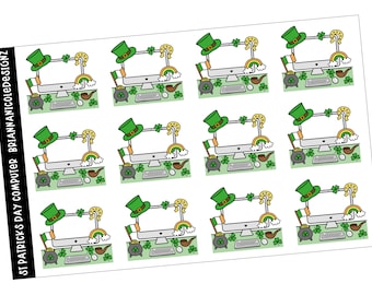 May include: Nine digital stickers featuring a computer monitor with a shamrock, rainbow, horseshoe, and pot of gold. The stickers are perfect for adding a touch of Irish charm to your laptop, planner, or other surfaces.