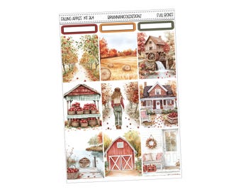 May include: A sheet of planner stickers with watercolor illustrations of autumn scenes. The images include a path lined with apple trees, a watermill, a woman walking, a red barn, and a house. The text "Falling Apples Kit 364" and "Full Boxes" is visible.