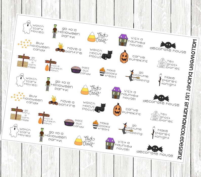 May include: A set of 36 Halloween-themed stickers featuring various activities and images, including a ghost, a pumpkin, a witch, a candy corn, a house, and a bat. The stickers are printed on white paper with black outlines and colorful accents.
