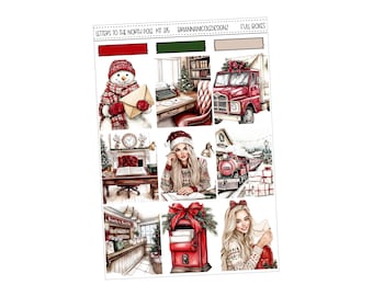 May include: A sheet of stickers with a Christmas theme. The stickers feature illustrations of a snowman, a woman writing, a red truck, a train, and a mailbox. The text "Letters to the North Pole Kit 375" is at the top.